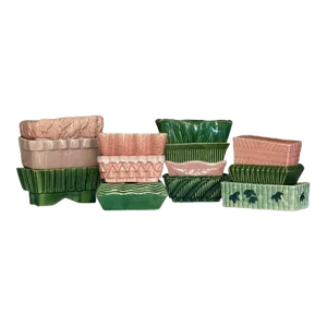 Vintage Set of 13 Collectible Pink and Green Glazed Ceramic Cache Pot Planters