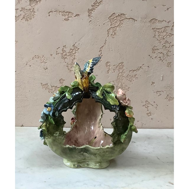 Unique Large Majolica Bird & Flowers Basket Centerpiece Circa 1880. Roses, blue and yellow flowers. Impressionist period.