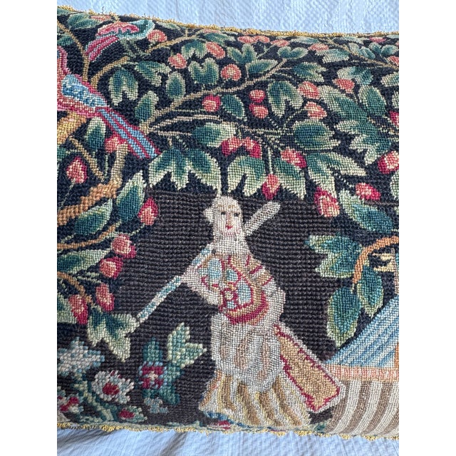 Early 17th century English needlepoint tapestry decorative pillow created from an authentic hand stitched wool and silk...