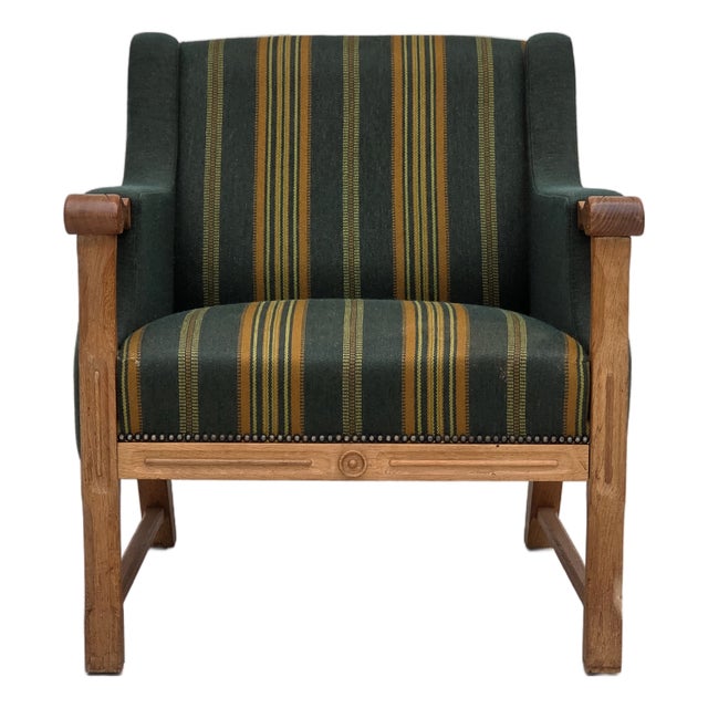Danish Armchair in Green Furniture Wool and Oak Wood, 1970s For Sale