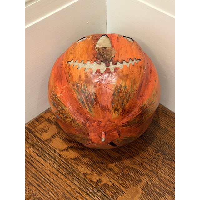 Metal Vintage Metal Pumpkin Head Lantern on Wooden Pole For Sale - Image 7 of 12