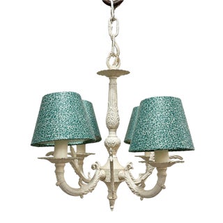 Vintage Shabby Chic 4 Arm Small Chandelier Green Fabric Shades Made in Spain For Sale