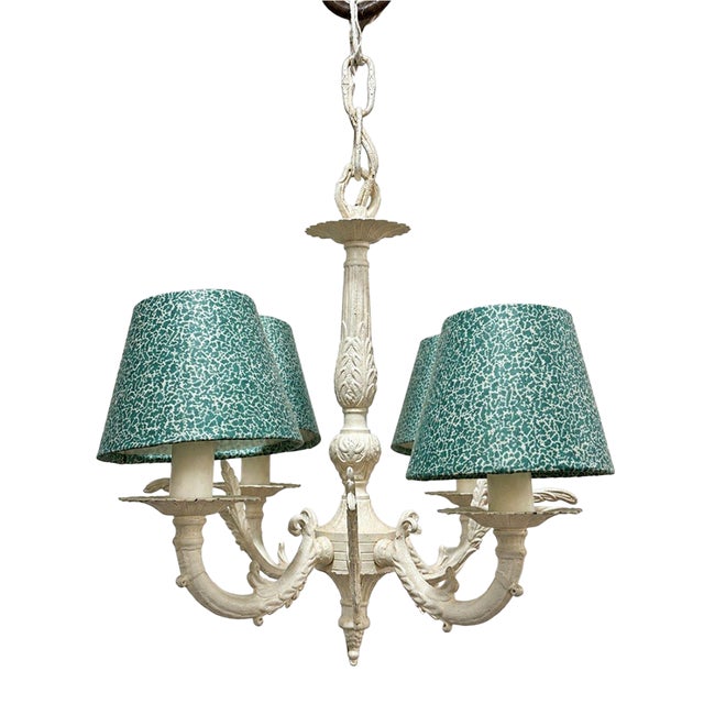 Vintage Shabby Chic 4 Arm Small Chandelier Green Fabric Shades Made in Spain For Sale