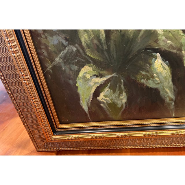 XL Framed Vintage Floral Landscape Oil Painting For Sale - Image 11 of 13