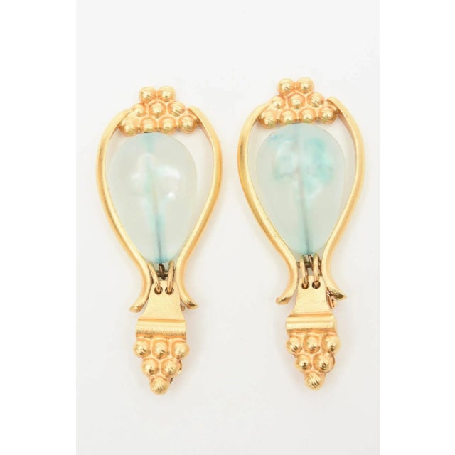 Metal Vintage Gold Plated and Blue Turquoise Resin Drop Dangle Clip on Earrings 80's Pair Of For Sale - Image 7 of 7