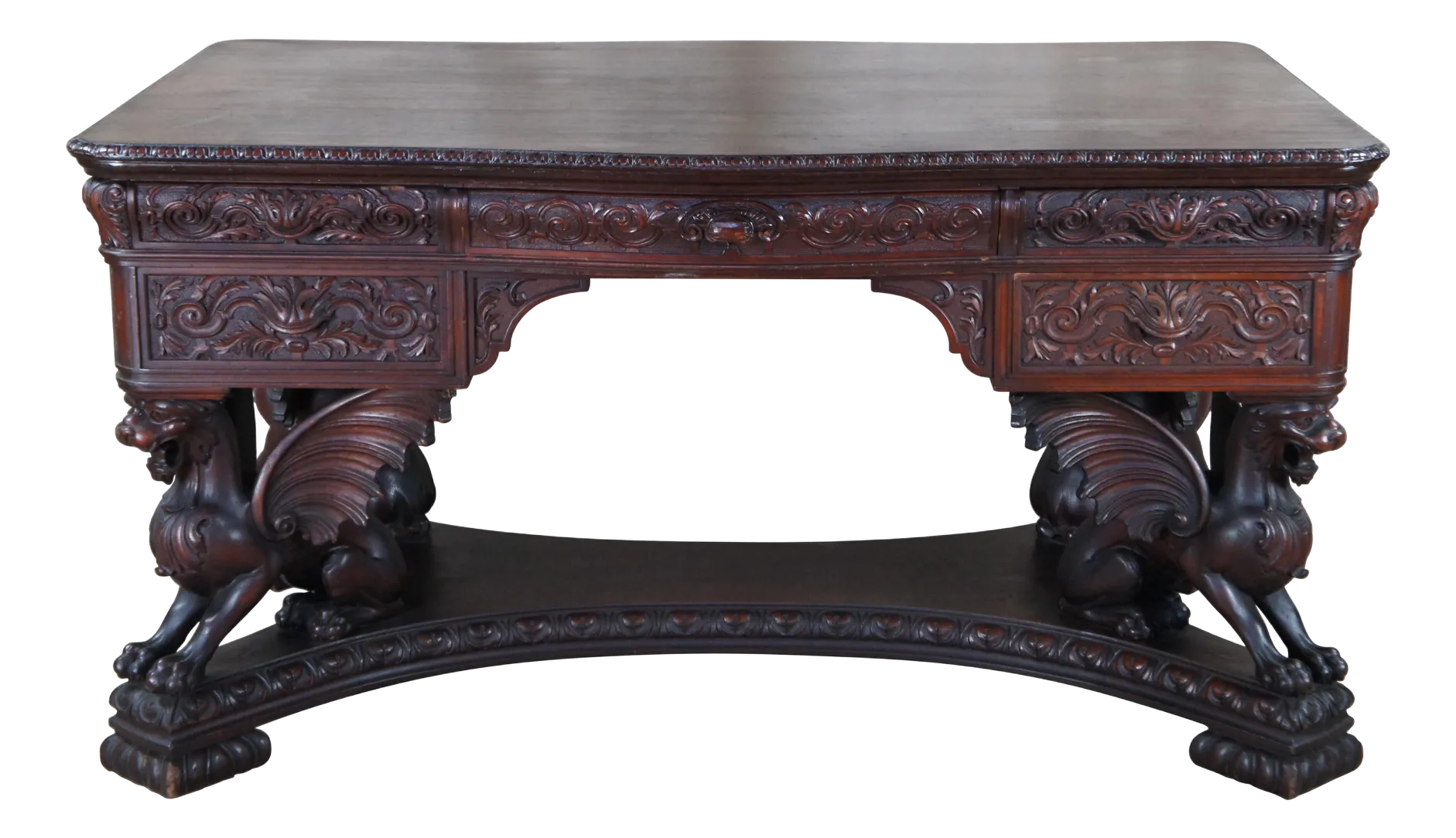 Antique Rj Horner Figural Carved Mahogany Griffin Library Table