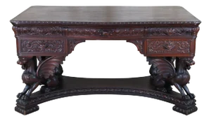 Antique Rj Horner Figural Carved Mahogany Griffin Library Table Partners Desk