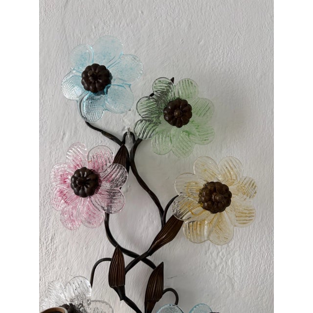 Italian Long Pastel Murano Glass Flowers Dark Bronze Sconces, Circa 1930 For Sale - Image 4 of 13