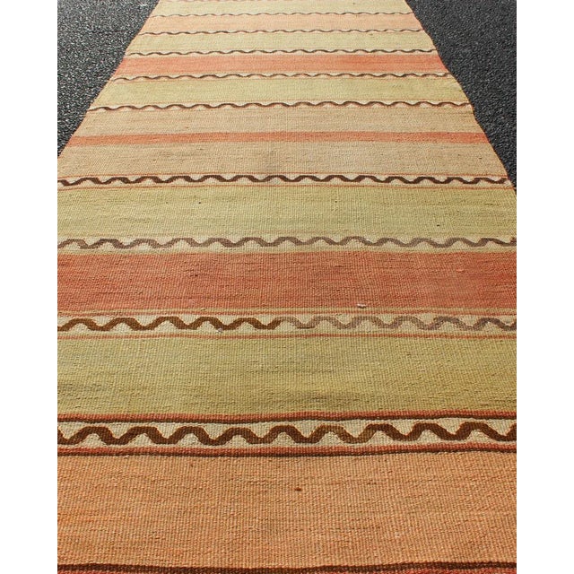 Vintage Turkish Hand Woven Kilim Runner With Stripes in Red, Green, Yellow, and Orange For Sale In Atlanta - Image 6 of 11
