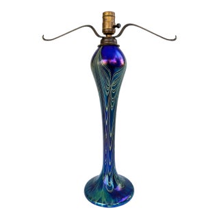 Vintage Joe Clearman Signed Iridescent Pulled Feather Art Glass Table Lamp Base For Sale