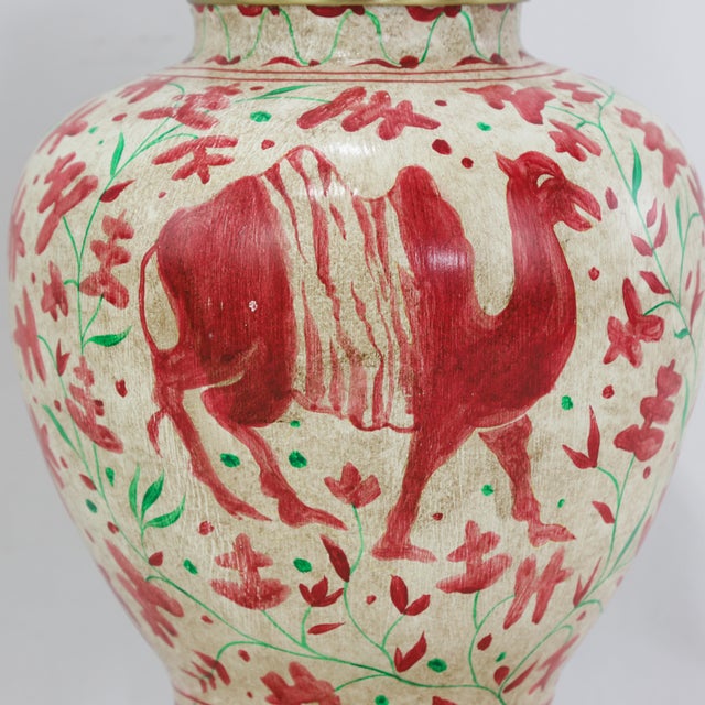 Ceramic Pair of Vintage Brunschwig & Fils Cadiz Table Lamps - Red and Cream Ceramic With Elephant and Camel Motif For Sale - Image 7 of 13