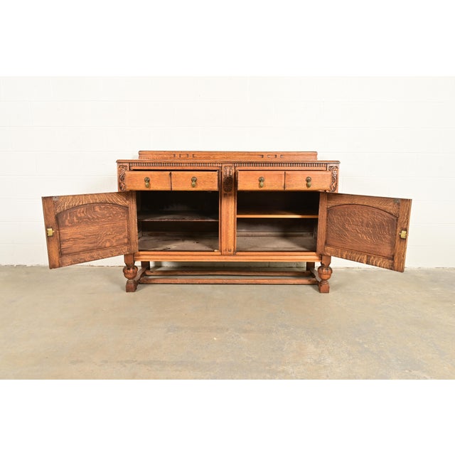 1920s Berkey & Gay Style Antique English Jacobean Carved Oak Sideboard Buffet or Bar Cabinet, Circa 1920s For Sale - Image 5 of 16