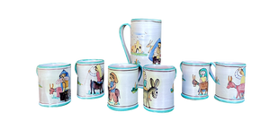 Italian Ceramic Mugs & Pitcher Tea Service with Hand-Painted Rural Image Motifs by Andrea Darienzo for Vietri, 1950s, Set of 7