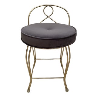 Vintage Hollywood Regency Style Gold Tone Vanity Stool With Gray Velvet Seat For Sale