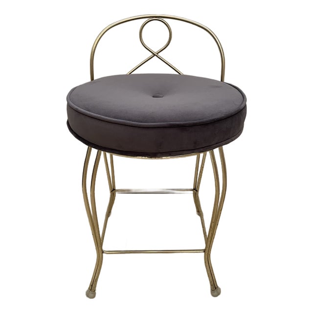 Vintage Hollywood Regency Style Gold Tone Vanity Stool With Gray Velvet Seat For Sale