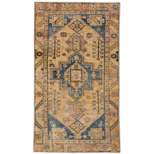 Textile 1960s Vintage Persian Distressed Handmade Geometric Tan Wool Rug For Sale - Image 7 of 7