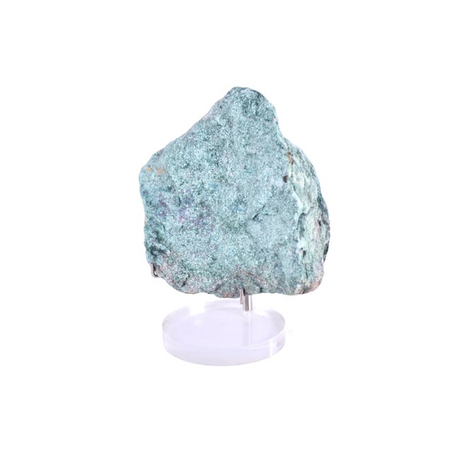 Natural Fuschite five inch crystal stone specimen with deep teal, aqua, turquoise and silver displayed on an acrylic and...