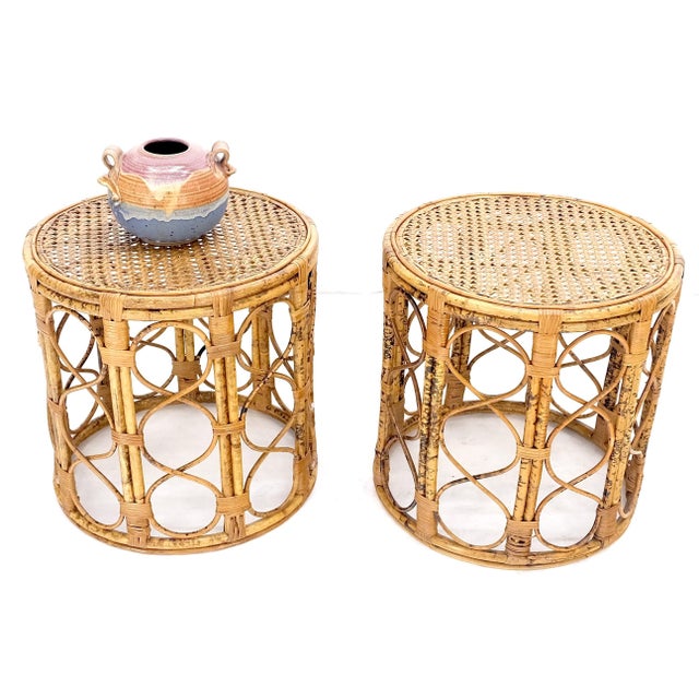 Wood Pair of 1970s Burnt Bamboo Round Cane Tops Side End Tables Stands For Sale - Image 7 of 10