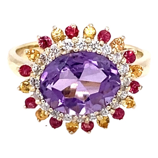 3.37 Carat Natural Amethyst Diamond Sapphire Yellow Gold Cocktail Ring, Size 7 For Sale