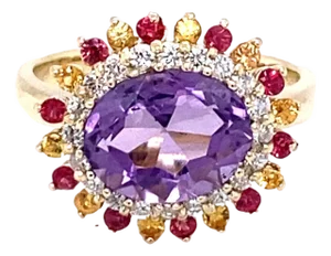 3.37 Carat Natural Amethyst Diamond Sapphire Yellow Gold Cocktail Ring, Size 7