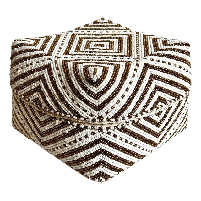 Vintage Bamboo Beaded Box White & Gold Medium For Sale