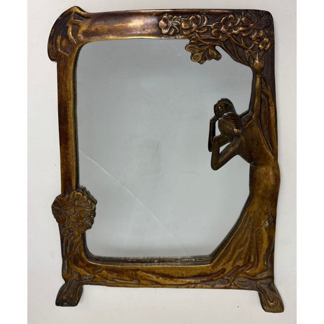 Lady of the Lake Antique Art Nouveau bronze mirror, circa 1930. Solid cast bronze mirror with a beautiful young lady...