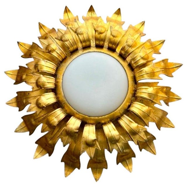 Gold Large Spanish Gilt Crown Flush Mount with Round Curve Glass Shade, 1950 For Sale - Image 8 of 8