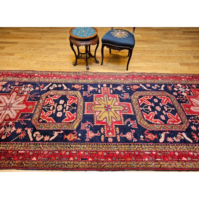Vintage Persian Hamadan Gallery Rug, Hand-Knotted Wool, Geometric Bird Motifs Design, Navy & Red, 5’ X 11’ For Sale - Image 11 of 14