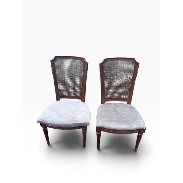 Textile Vintage French Provincial Cane-Back Side Chairs With Taupe Upholstery, Pair For Sale - Image 7 of 9