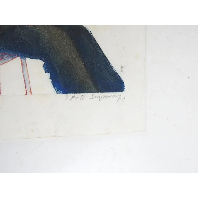 Vintage late 20th century colored and embossed etching on paper of a musician playing a violin by Pote Sangawongse (1939 -...