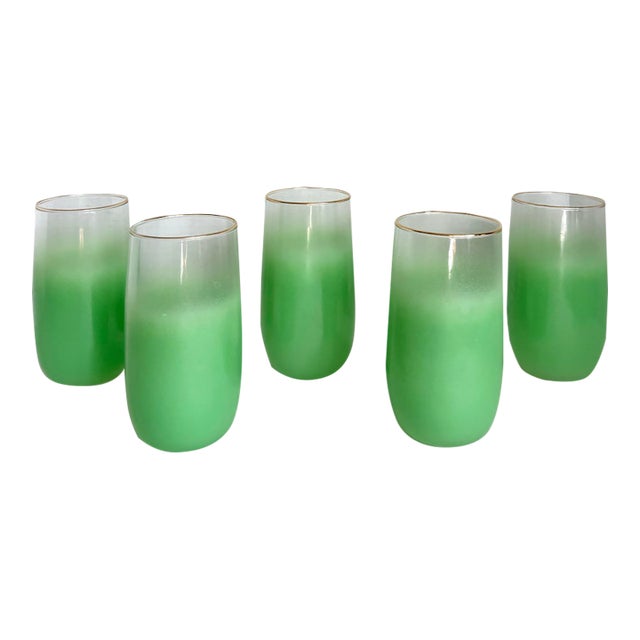 Vintage Green Blendo Frosted Glass Tumblers With Gold Rims - Set of 5 For Sale