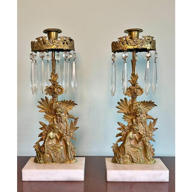Antique Victorian Cornelius & Co. Gilt Mantel Lusters, Crystal Girandoles, Gold Figural Candlesticks Candelabra Marble 1800’s For Sale - Image 12 of 12