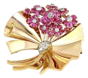 Retro 2.40ct Rubies & Diamonds Fancy Flower 14k Rose Gold Pin Brooch