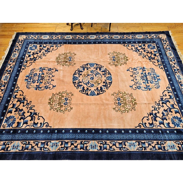Early 20th Century Art Deco Chinese Rug, Handwoven Wool Pile, Apricot & Navy, Lotus Motif, 8' x 11' For Sale In Chicago - Image 6 of 18