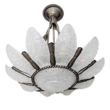 Art Deco Bronze and Glass Chandelier by Georges Leleu, France, 1930s For Sale