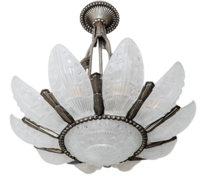 Art Deco Bronze and Glass Chandelier by Georges Leleu, France, 1930s