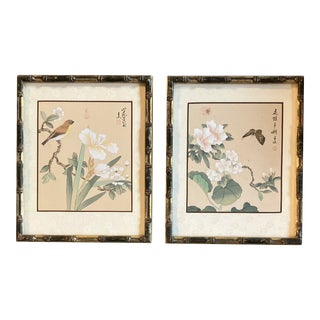1970’s 2 Vintage Chinese Botanical Paintings Signed Faux Bamboo Frames For Sale