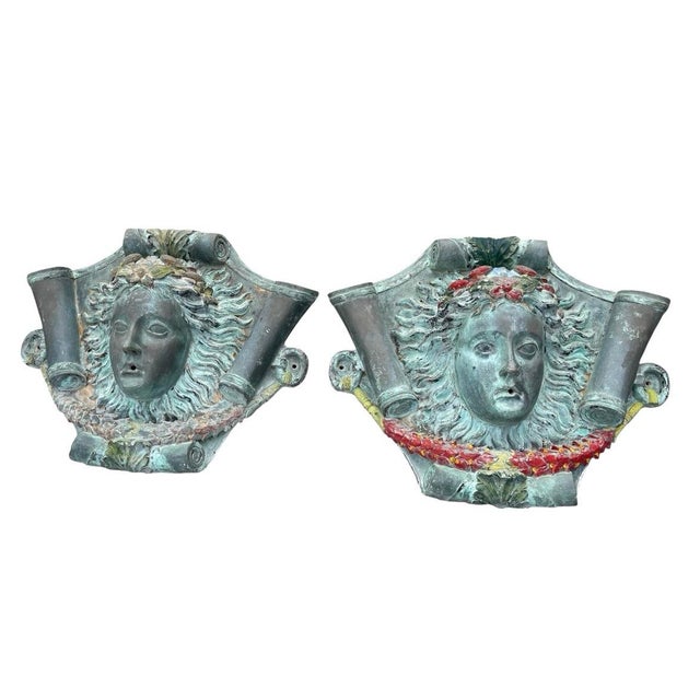 Pair of Vintage Neoclassical Cast Bronze Maiden Mask Wall Fountain For Sale - Image 4 of 12
