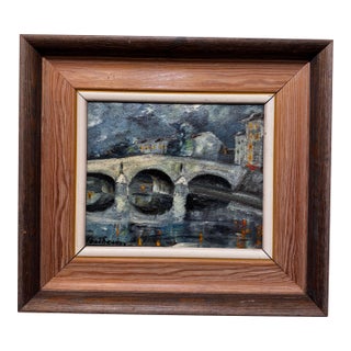 Early 20th Century Oil on Canvas "Bridge Over Canal" For Sale