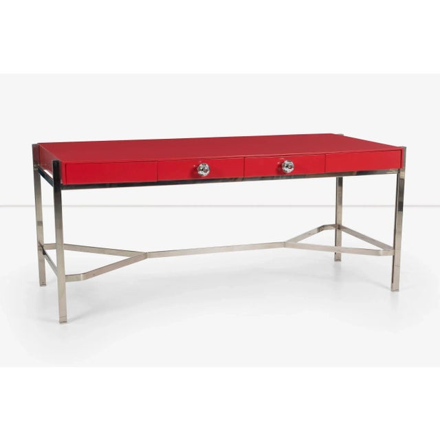 Arthur Elrod Custom Desk, Manufactured by Pace; features a red lacquered Desk Top with three pencil drawers with solid...