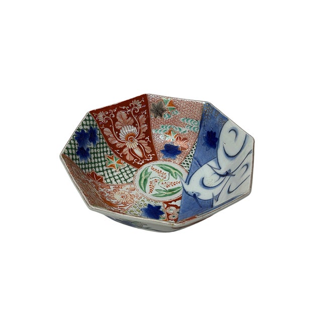 Vintage Oriental Imari Octagonal Palette Graphic Porcelain Bowl Art For Sale - Image 9 of 9