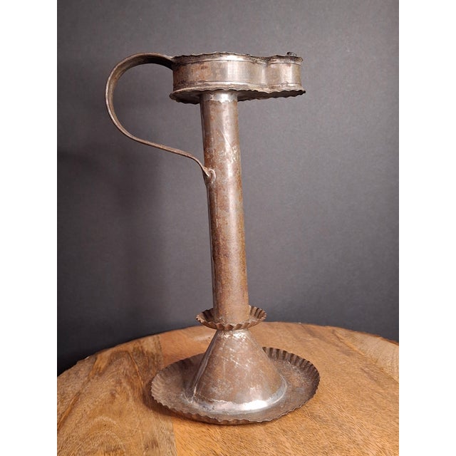 Early 19th Century Antique 19thC Sheet Tin Betty Lamp Integrated Saucer Stand Primitive Fat Oil For Sale - Image 5 of 18
