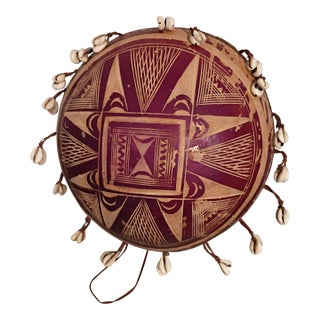 Large Vintage Hand-Carved West African Gita / Bara Calabash Gourd Drum With Cowrie Shells (15") For Sale