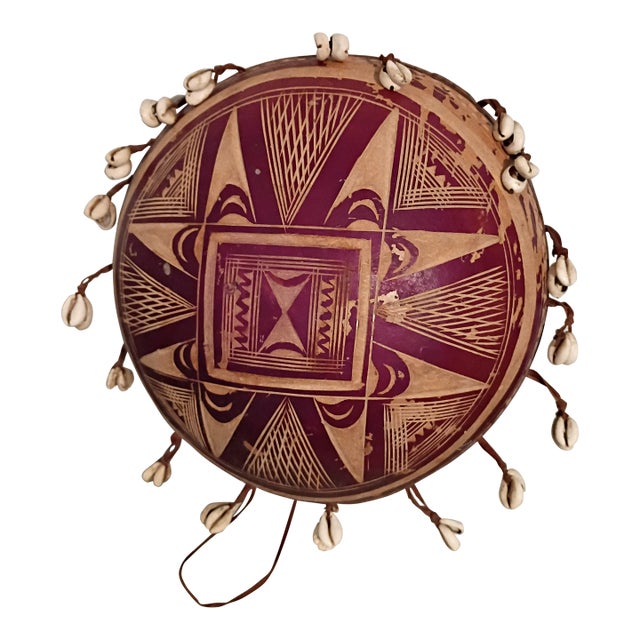 Large Vintage Hand-Carved West African Gita / Bara Calabash Gourd Drum With Cowrie Shells (15") For Sale