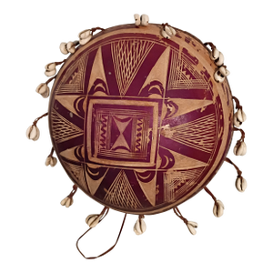 Large Vintage Hand-Carved West African Gita / Bara Calabash Gourd Drum With Cowrie Shells (15")