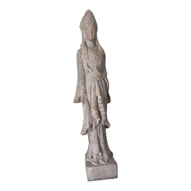 53” Chiinese Vintage Quan Yin Goddess of Compassion Terracotta Sculpture For Sale