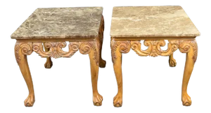 Chippendale Style Marble Mahogany End Tables - a Pair