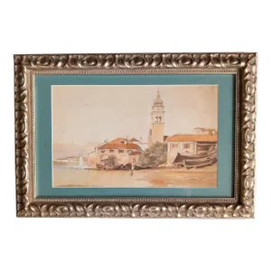 19th or 20th Century Italian Watercolor Painting of a Seaside Village, Unsigned