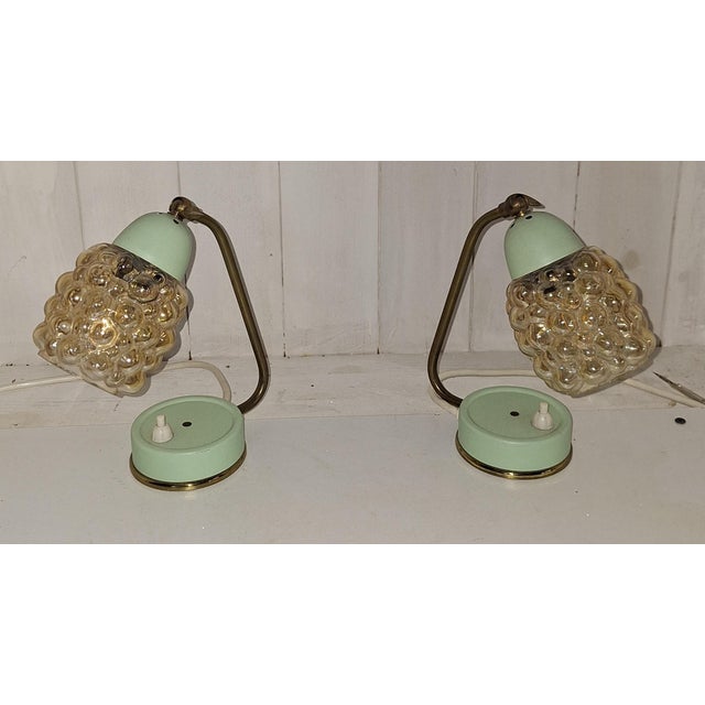 Blue Mid-Century Bedside Lamps with Blue-Green Lacquered Metal Frames, Brass Archs and Amber Bubble Glass Shades, 1960s, Set of 2 For Sale - Image 8 of 12