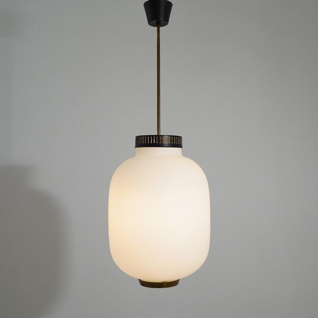 Metal Chandelier in White Opaline Glass and Brass, 1950s For Sale - Image 7 of 14
